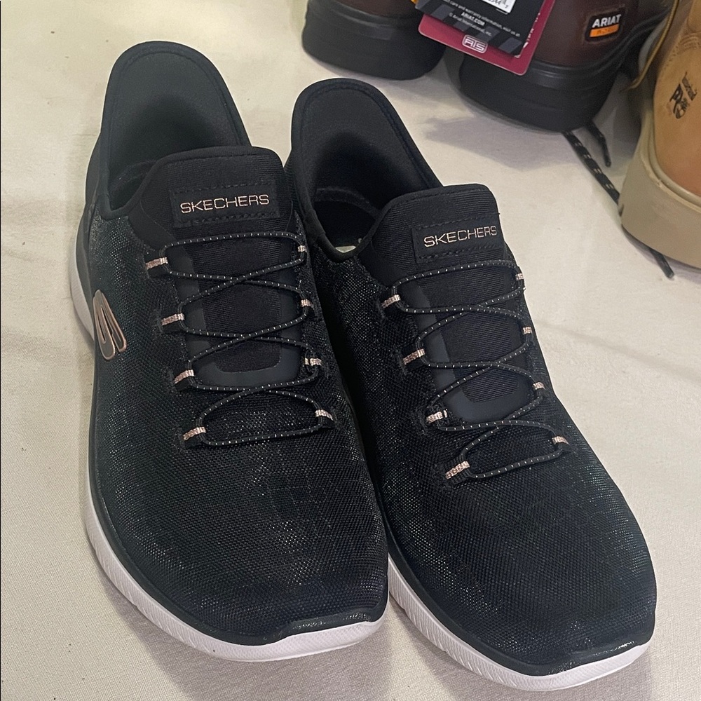 Skechers Men's Black Slip-On Knit Sneakers with White Sole